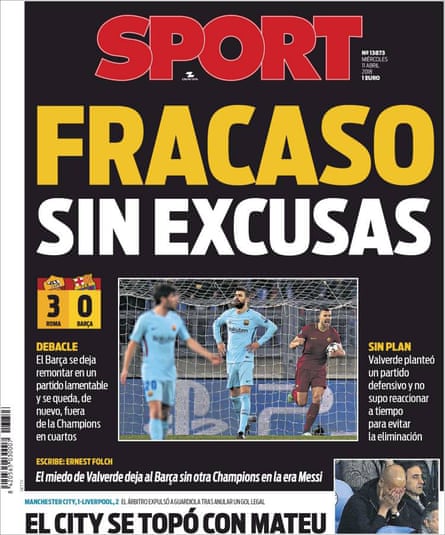 The front page of Sport after Roma 3-0 Barcelona