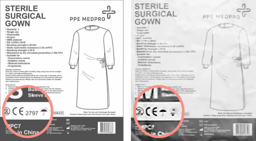 Draft and final labels inserted into PPE Medpro gowns.