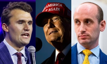 a side-by-side image of Charlie Kirk, Donald Trump and Stephen Miller