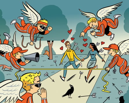 Illustration of cartoon cupids holding a finish line towards which a couple are running surrounded by love hearts