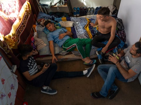 Nicaraguan students Carlos, 21, Moises, 19, Cristopher, 19, and Randol, 30, at the house they share in San José, Costa Rica. They participated in the protests in Managua in April 2018. 