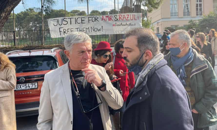 Greek court to hear appeals on life sentences for refugees accused of steering dinghies | Global development 1 Greek MEP Stelios Kouloglou (left) outside the appeals court in Lesbos with human rights lawyer Alexandros Georgoulis.
