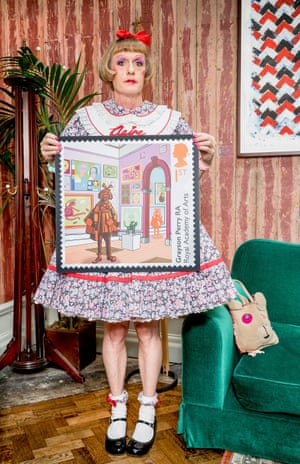 Self-portrait … Grayson Perry with his RA stamp design.