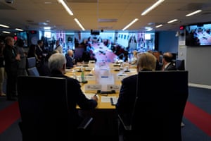 Donald Trump attends a teleconference with governors at the Federal Emergency Management Agency headquarters in Washington DC on 19 March.