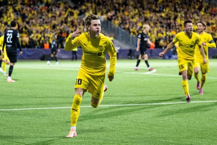 Jens Petter Hauge of Bodø/Glimt celebrates after scoring against Tottenham.