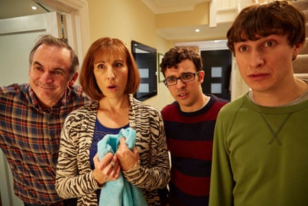 ‘Most people quite clearly see me as Jonny’ …Tom Rosenthal (far right) with Paul Ritter, Tasmin Greig and Simon Bird in Friday Night Dinner.