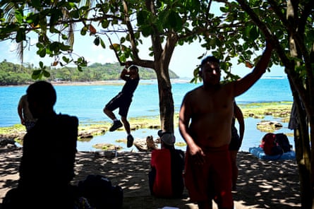 people stand in shadow under trees on a beach