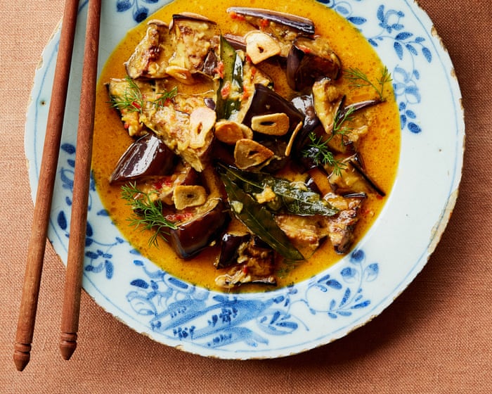 Julie Lin’s recipes for cooking for one: yellow curry with baby aubergine, and Chinese-style spicy garlic celery