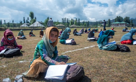Pupils study in open-air classrooms in Doodpathri, Kashmir. 