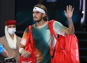 Stefanos Tsitsipas arrives on court.