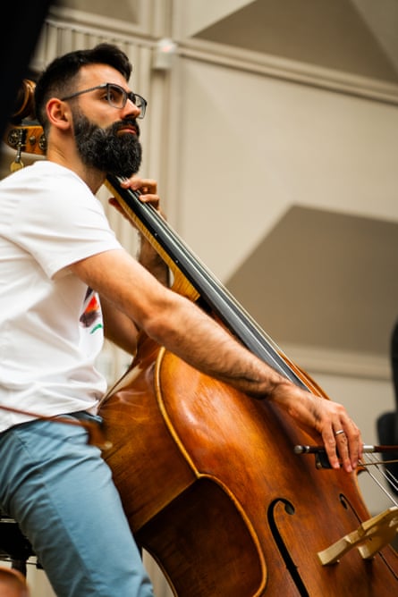 Nazarii Stets rehearsing with double bass