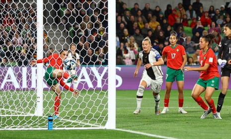 Morocco’s Zineb Redouani, left, fails to stop an own goal from teammate Yasmin Katie M’rabet.
