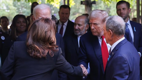 Trump and Harris shake hands during 9/11 memorial service – video