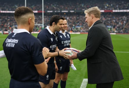 Lewis Moody presents the match ball to the referee Nika Amashukeli