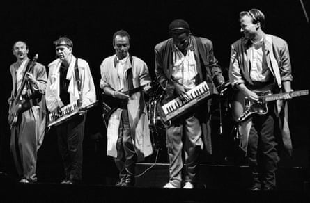 David Sancious (second from right) on stage with Peter Gabriel (second from left) on Gabriel’s This Way Up Tour, Ahoy, Rotterdam, Netherlands, in 1987.