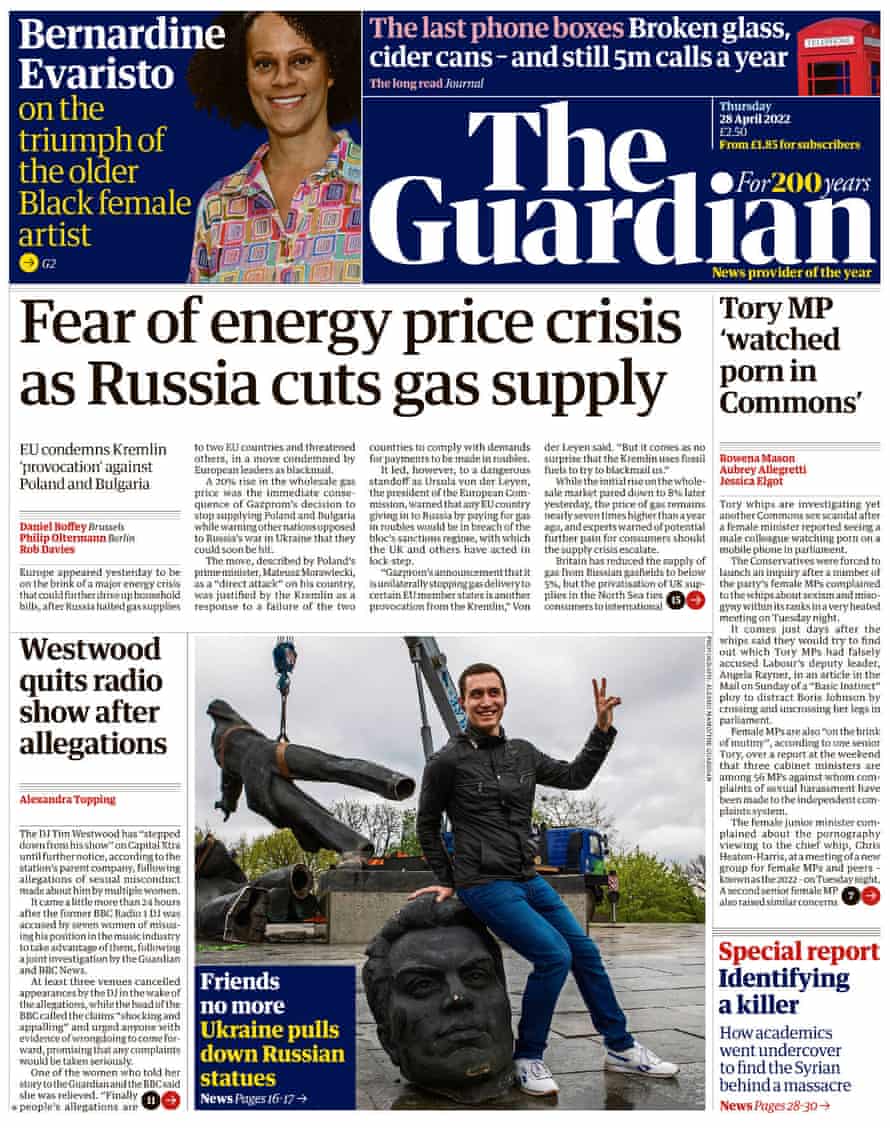 Guardian front page, 28 April 2022