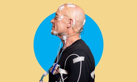 Phil Daoust, covered in electrodes for his polysomnogram.