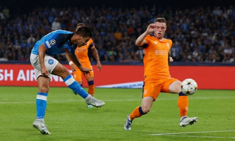 Napoli's Giovanni Simeone opens the scoring against Rangers with a thumping finish.