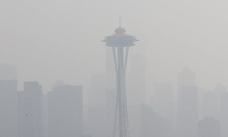 A haze of smoke covers the Seattle skyline. The city was experiencing some of the worst air quality on Thursday. 