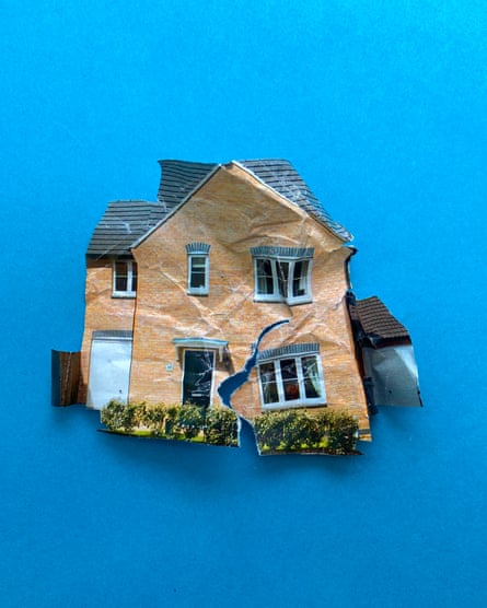 A 3D graphic of a crumpled and torn illustration of a new-build house