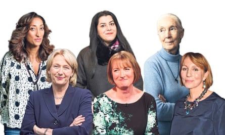 from left, Shazia Mirza, Jayne-Anne Gadhia, Marjane Satrapi, Harriet Harman, Jane Goodall and Sarah Sands.