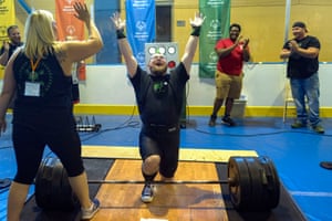 Andrew Dziezak celebrates his 450lb lift in power lifting.