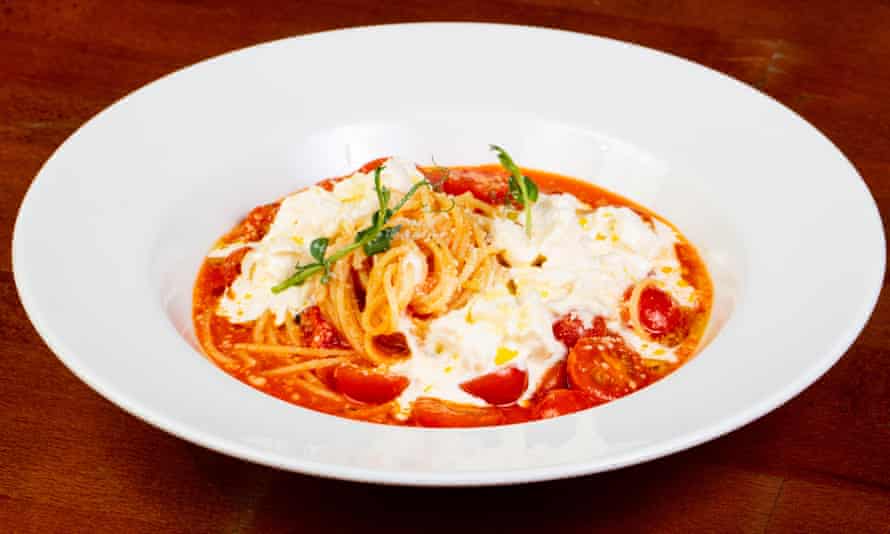 Indulgent: spaghetti with burrata cheese and tomato sauce.