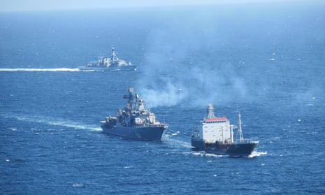 HMS Westminster monitoring Russian destroyer Vice Admiral Kulalov and tanker Vyazma during refuelling operations off the west coast of the UK.