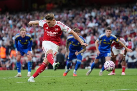 Viktor Gyokeres scores from the penalty spot for Arsenal’s fifth goal of the game, and his second.