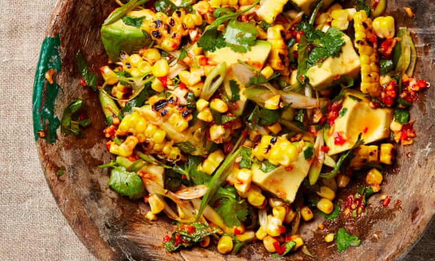 Sweetcorn and avocado with sweet chilli and lime sauce.