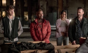 From left, Ansel Elgort, Jamie Foxx, Eiza González and Jon Hamm in Baby Driver.