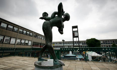 Joyride in Stevenage shopping centre. The sculpture, by Franta Belsky, was commissioned in 1957 to symbolise the creation of the new town.