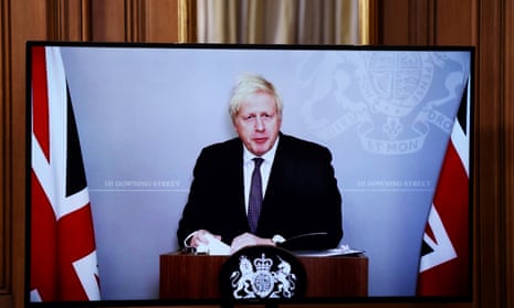 Boris Johnson attends a virtual news conference on coronavirus