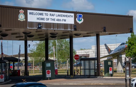 The entrance to a military base with a sign reading: ‘Welcome to RAF Lakenheath, home of the 48th FW’