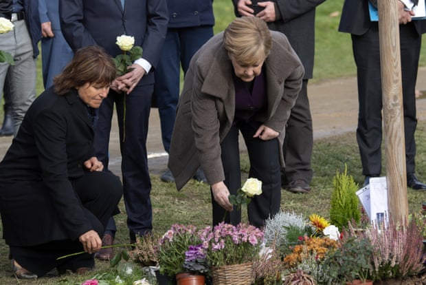 Merkel lays down flowers at a memorial place for victims of the neo-Nazi Nationalist Socialist Underground in Zwickau, November 2019
