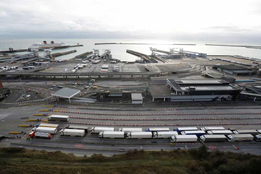Lorries queue at the Port of Dover amid the coronavirus outbreak, in Dover, Britain, on 26 December, 2020.