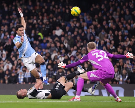 Omar Marmoush scores Manchester City’s first goal against Newcastle in the Carabao Cup semi-final second leg.
