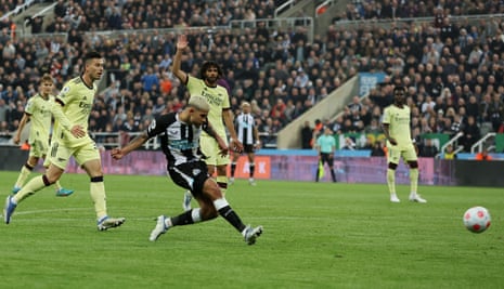 Newcastle United’s Bruno Guimaraes scores their second goal.