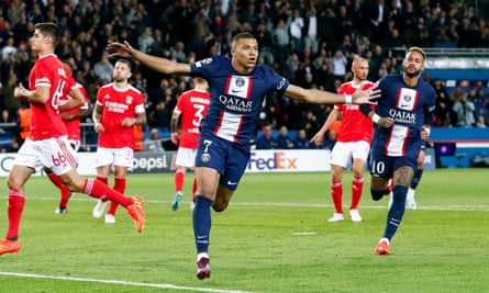 Kylian Mbappé wheels away after opening the scoring against Benfica.