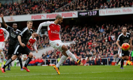 Theo Walcott, equalises for Arsenal during their 2-1 win over Leicester City.