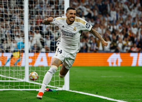 Real Madrid’s Joselu celebrates scoring their first goal against Bayern Munich.