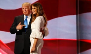 RNC in Cleveland 2016epaselect epa05431370 Donald Trump (L) escorts his wife Melania (R) after her speech during the second session on the first day of the 2016 Republican National Convention at Quicken Loans Arena in Cleveland, Ohio, USA, 18 July 2016. The four-day convention is expected to end with Donald Trump formally accepting the nomination of the Republican Party as their presidential candidate in the 2016 election. EPA/MICHAEL REYNOLDS