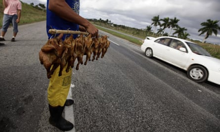 A man sells roast chickens along a highway near Artemisa, some 80km (50 miles) west of Havana.
