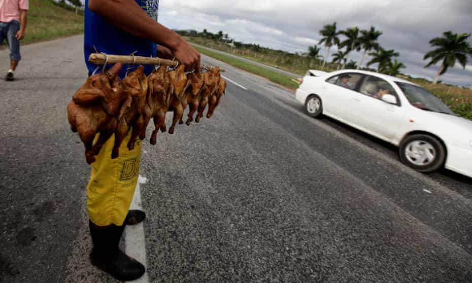 A man sells roast chickens along a highway west of Havana, Cuba.