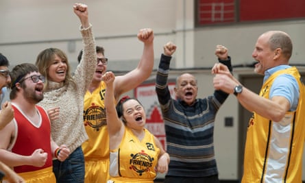 From left: Kevin Iannucci, Kaitlin Olson, James Day Keith, Madison Tevlin, Cheech Marin and Woody Harrelson in Champions.