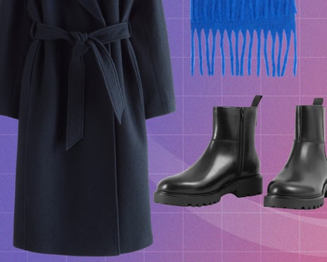 A composite of a black coat, black boots and a blue scarf