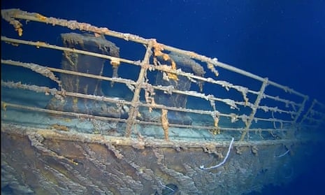 An image of the side of the RMS Titanic at the bottom of the North Atlantic Ocean.