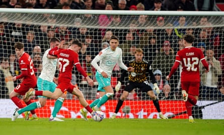 Lewis Koumas prepares to shoot as defenders try to close him down during Liverpool's 3-0 win against Southampton in the FA Cup fifth round in February 2024.