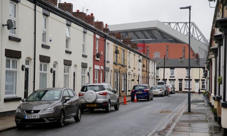 Anfield’s new £144m main stand towers above Balfour Street in one of Britain’s most deprived areas. 