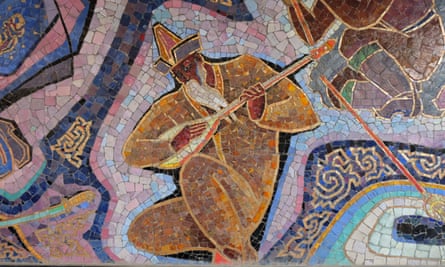 Detail of the 1965 Enlik-Kebek mosaic on the outside of the Hotel Almaty, Kazakhstan.